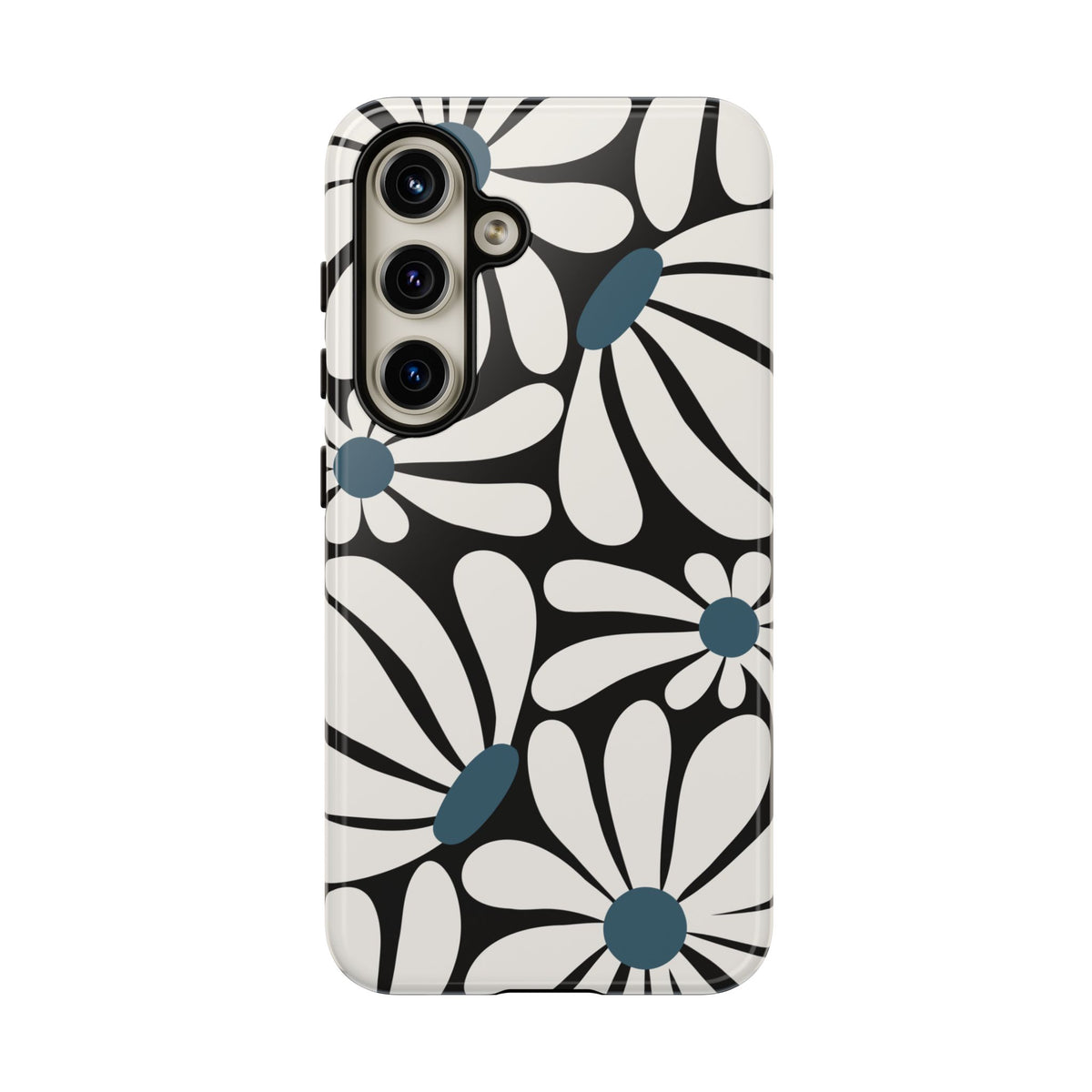 Retro Black Daisy Pattern Phone Case - Black Phone Case - Samsung Galaxy S24 / Glossy