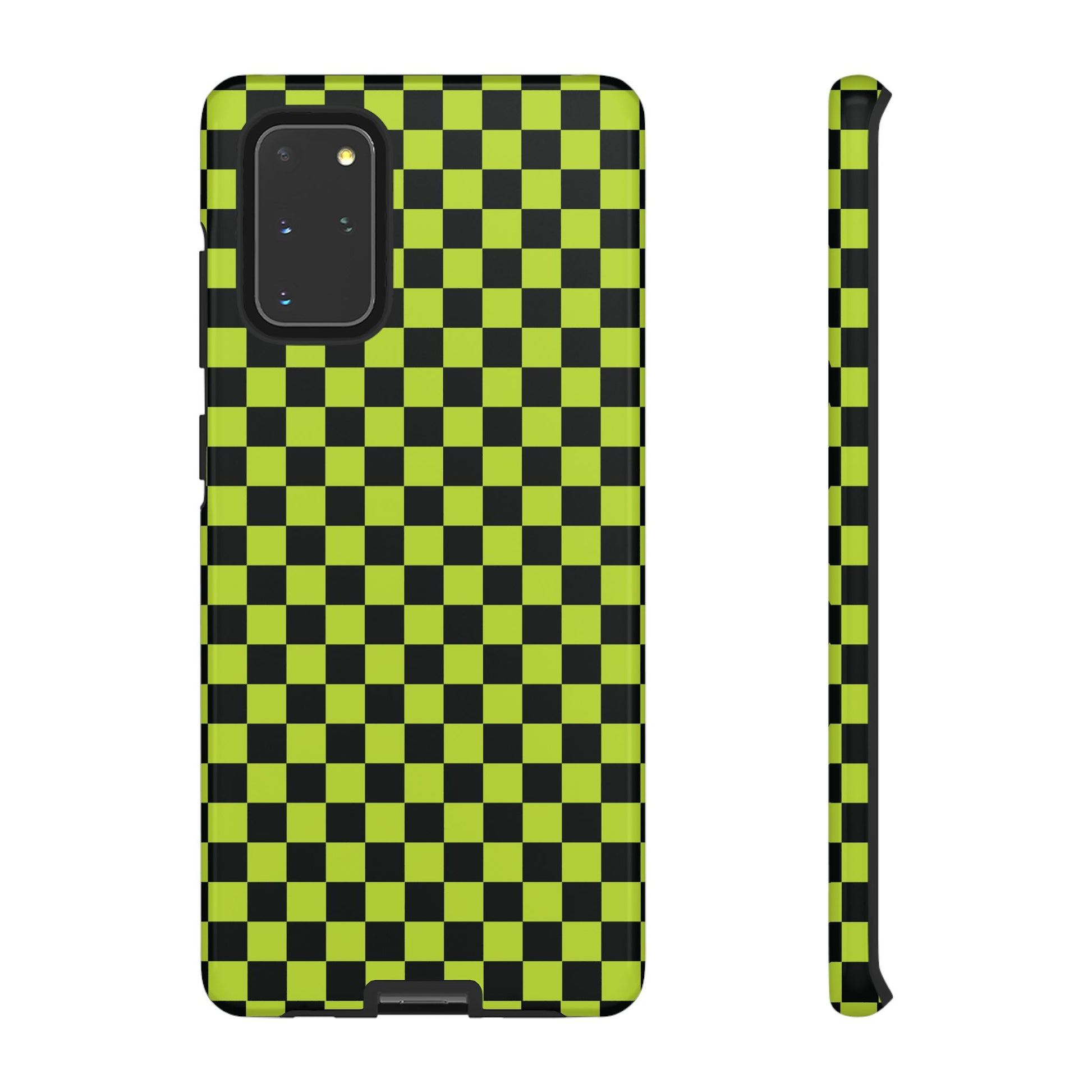Samsung Galaxy S20+ / Glossy Phone Case - Trendy Neon Lime Green & Plum Small Checked Pattern Phone Case