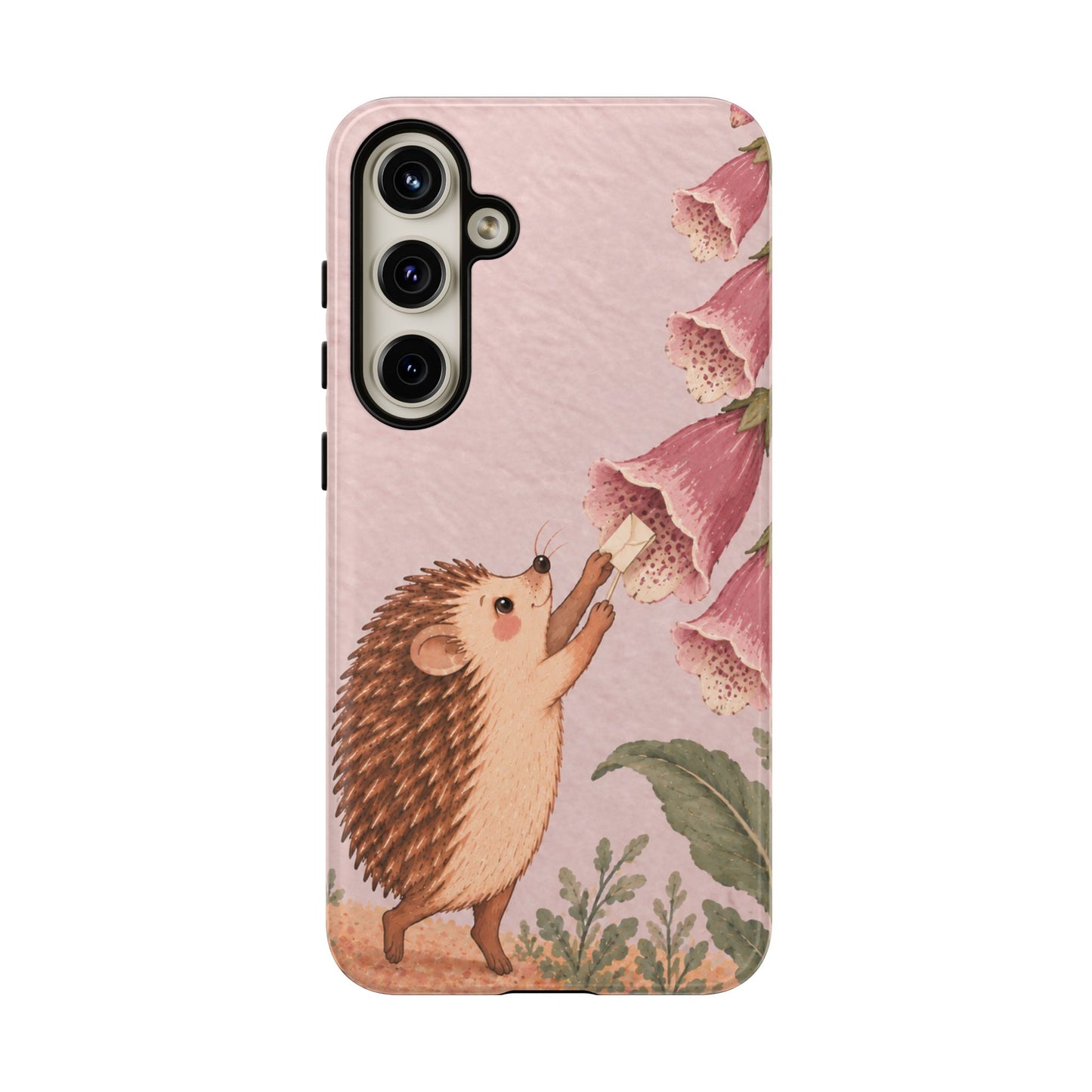 Whimsical Blush Pink Hedgehog and Foxglove Phone Case - Pink Phone Case - Samsung Galaxy S24 Plus / Glossy