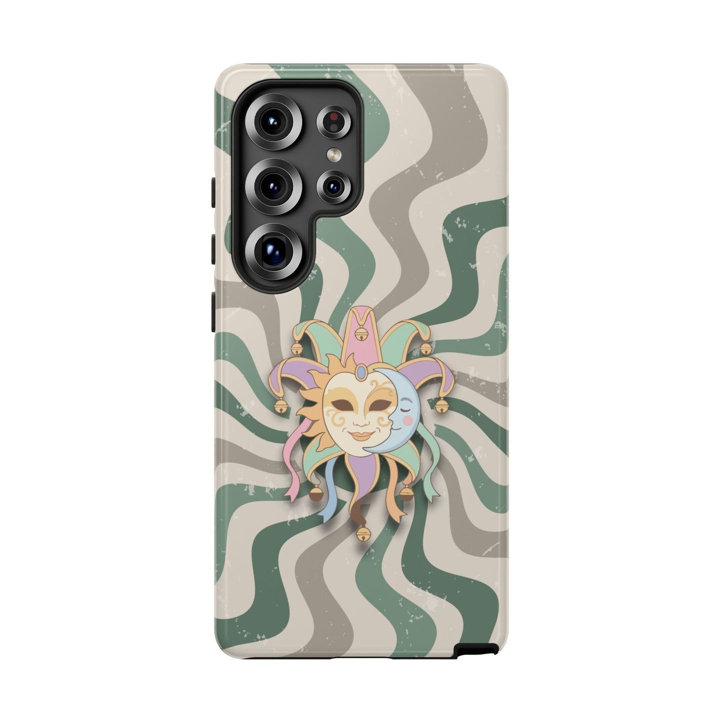 Samsung Galaxy S25 Ultra / Glossy Phone Case - Sun & Moon Jester Mask – Green Retro Wave Phone Case