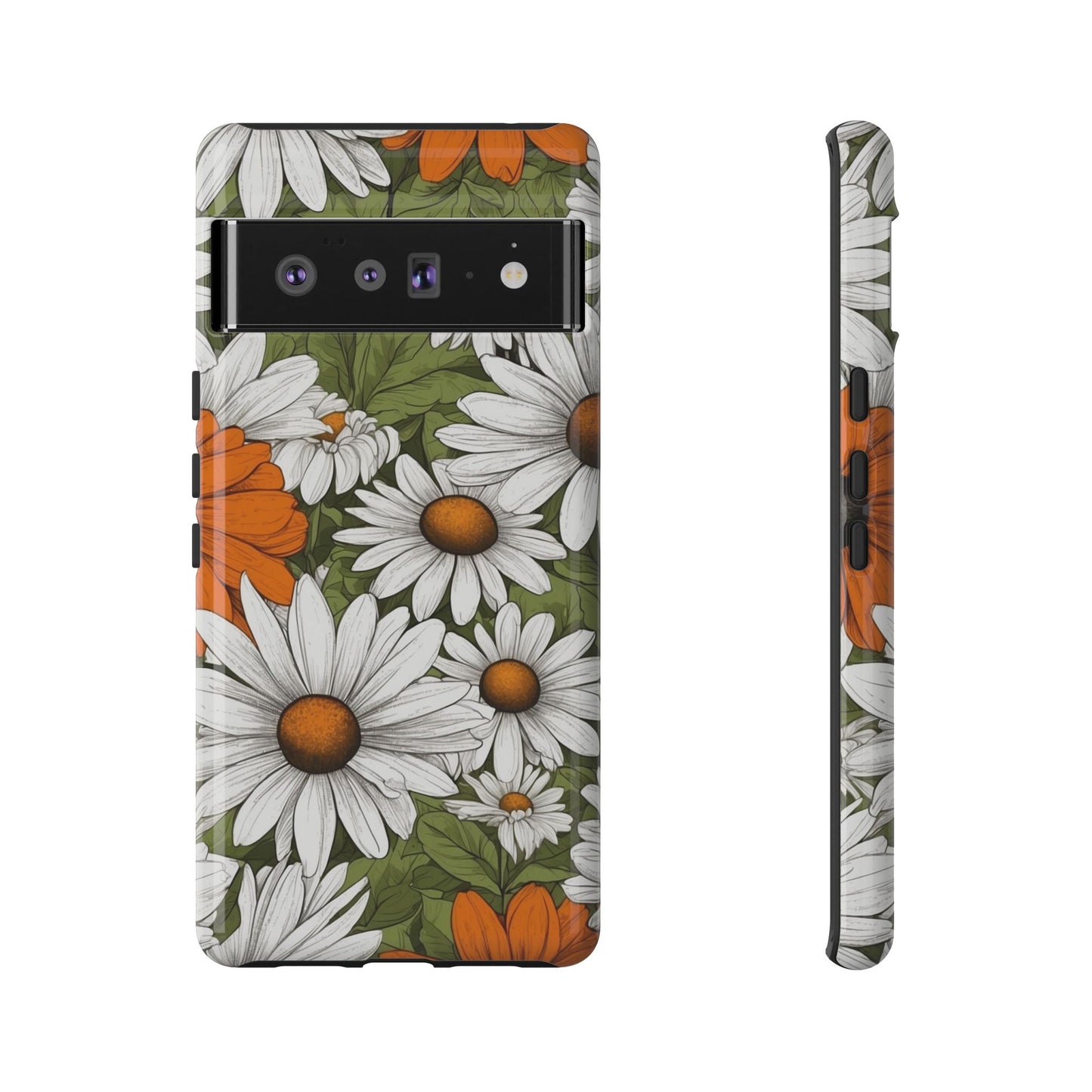 Google Pixel 6 Pro / Glossy Phone Case - Boho Chic Daisies Floral Pattern ’White Orange & Green’ Phone Case