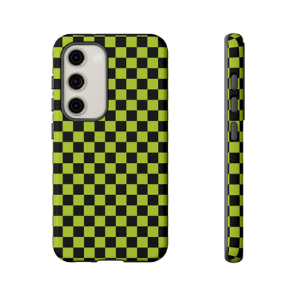 Samsung Galaxy S23 / Glossy Phone Case - Trendy Neon Lime Green & Plum Small Checked Pattern Phone Case