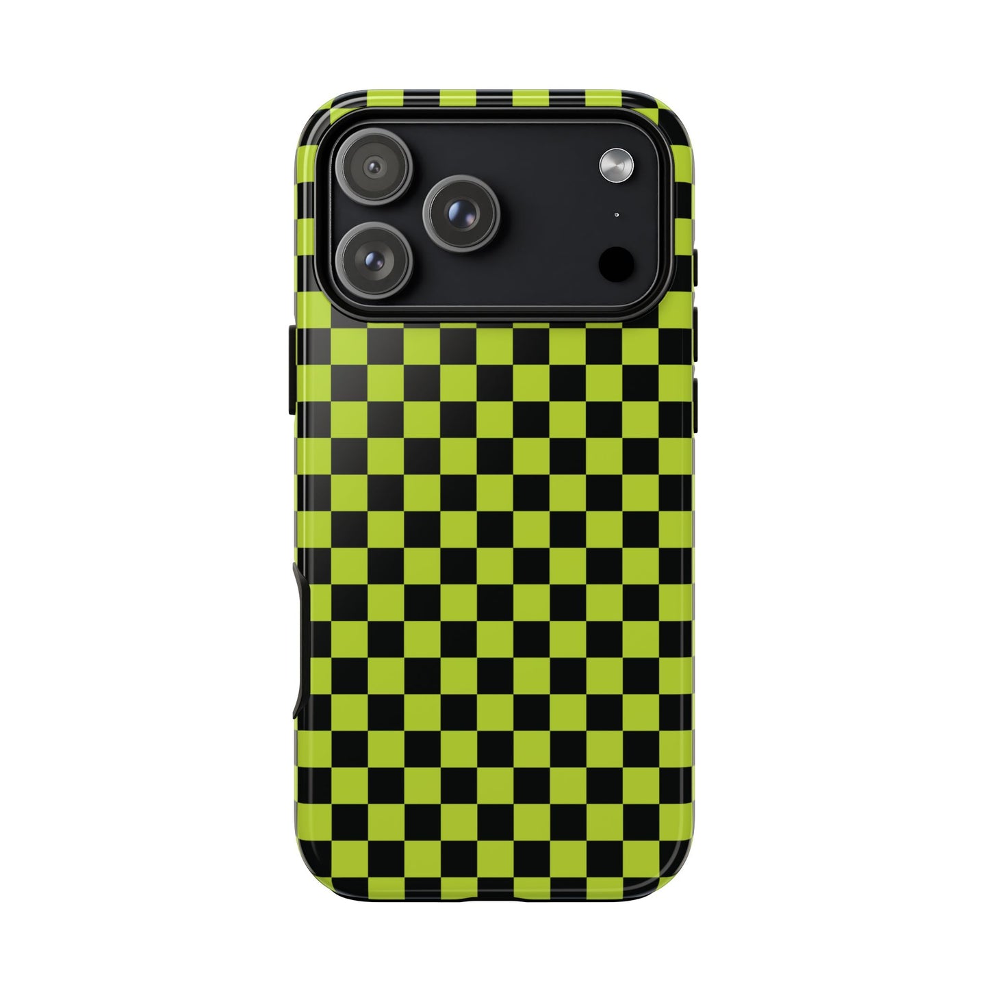 iPhone 17 Pro Max / Glossy Phone Case - Trendy Neon Lime Green & Plum Small Checked Pattern Phone Case
