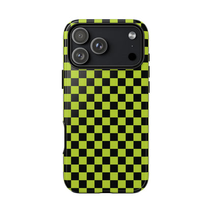 iPhone 17 Pro Max / Glossy Phone Case - Trendy Neon Lime Green & Plum Small Checked Pattern Phone Case
