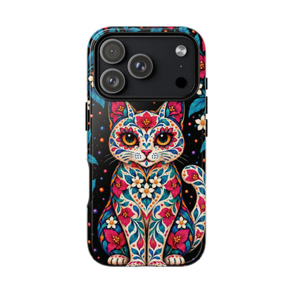 Vibrant Pink and Turquoise Calavera Cat Phone Case - Multicolor Phone Case - iPhone 17 Pro / Glossy