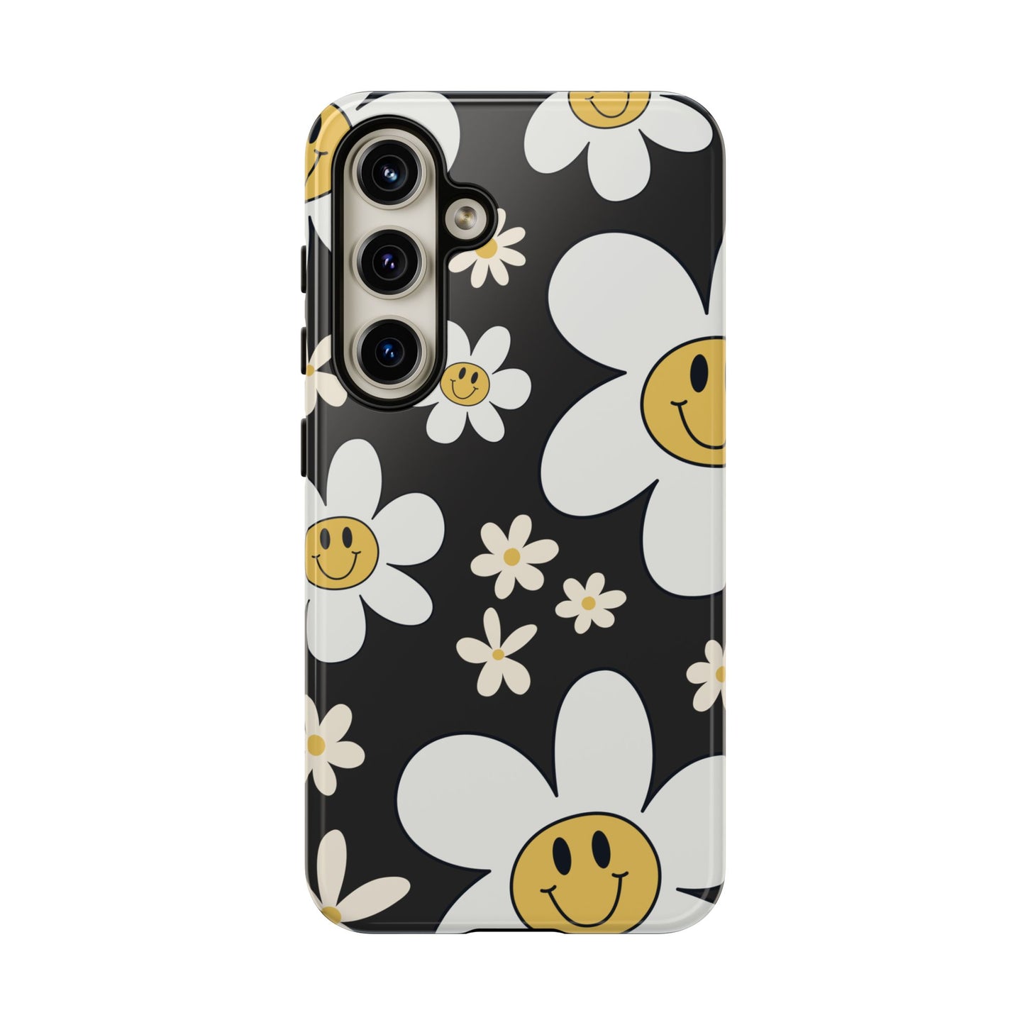 Samsung Galaxy S24 / Glossy Phone Case - Fun Retro Daisy Pattern with Dark Grey Background Phone Case