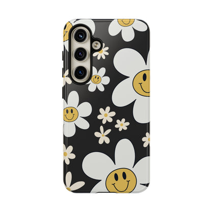 Samsung Galaxy S24 / Glossy Phone Case - Fun Retro Daisy Pattern with Dark Grey Background Phone Case