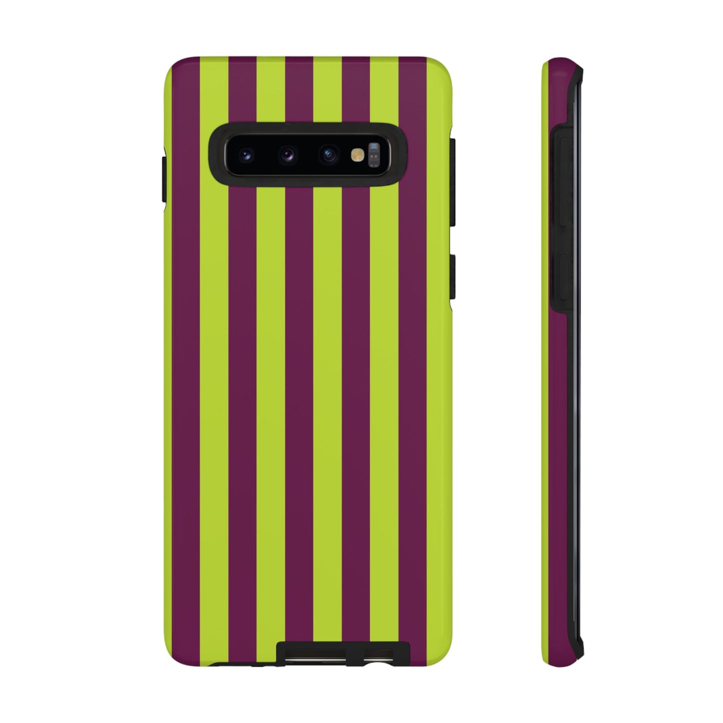 Samsung Galaxy S10 / Glossy Phone Case - Trendy Neon Lime Green & Plum Stripe Pattern Phone Case
