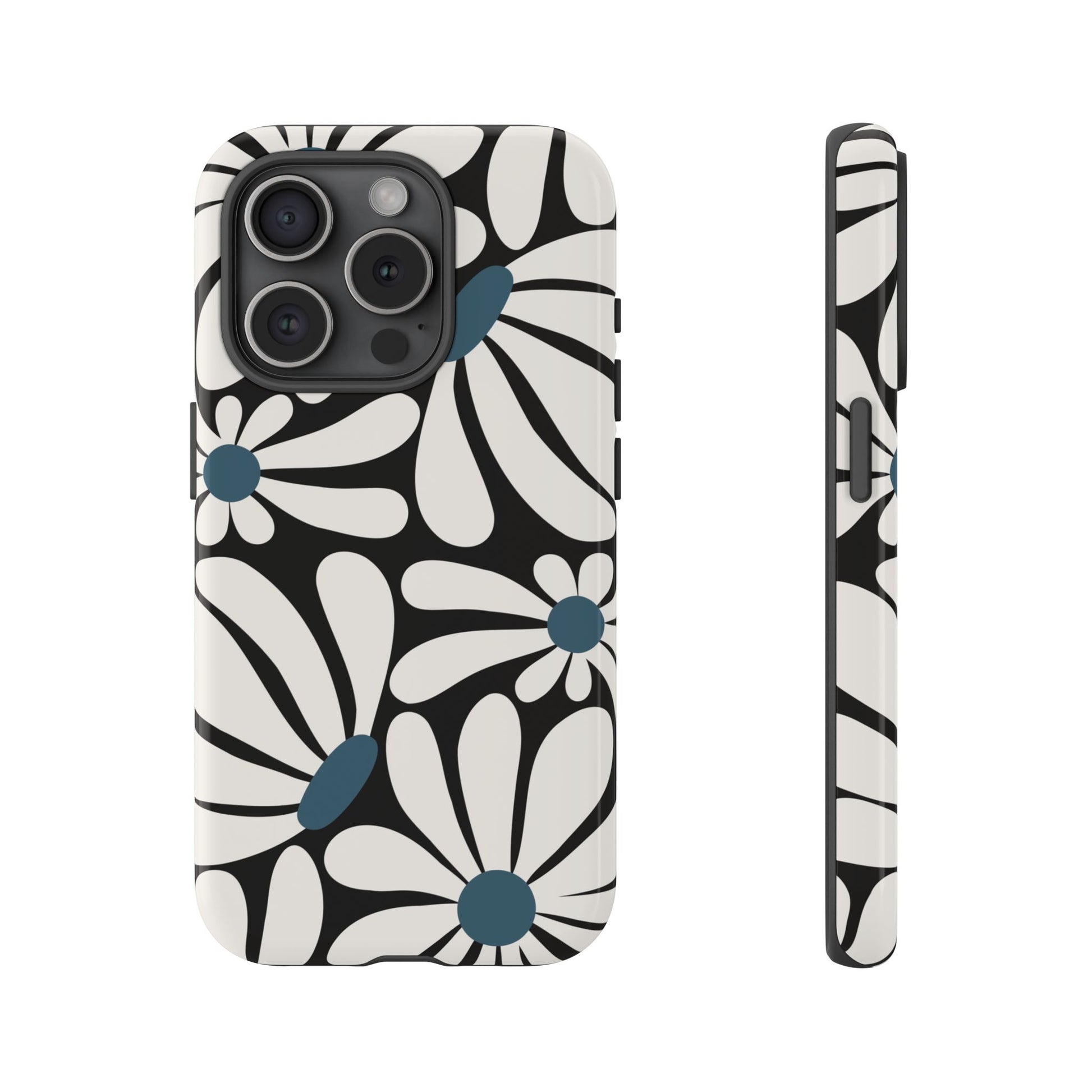 Retro Black Daisy Pattern Phone Case - Black Phone Case - iPhone 15 Pro / Glossy