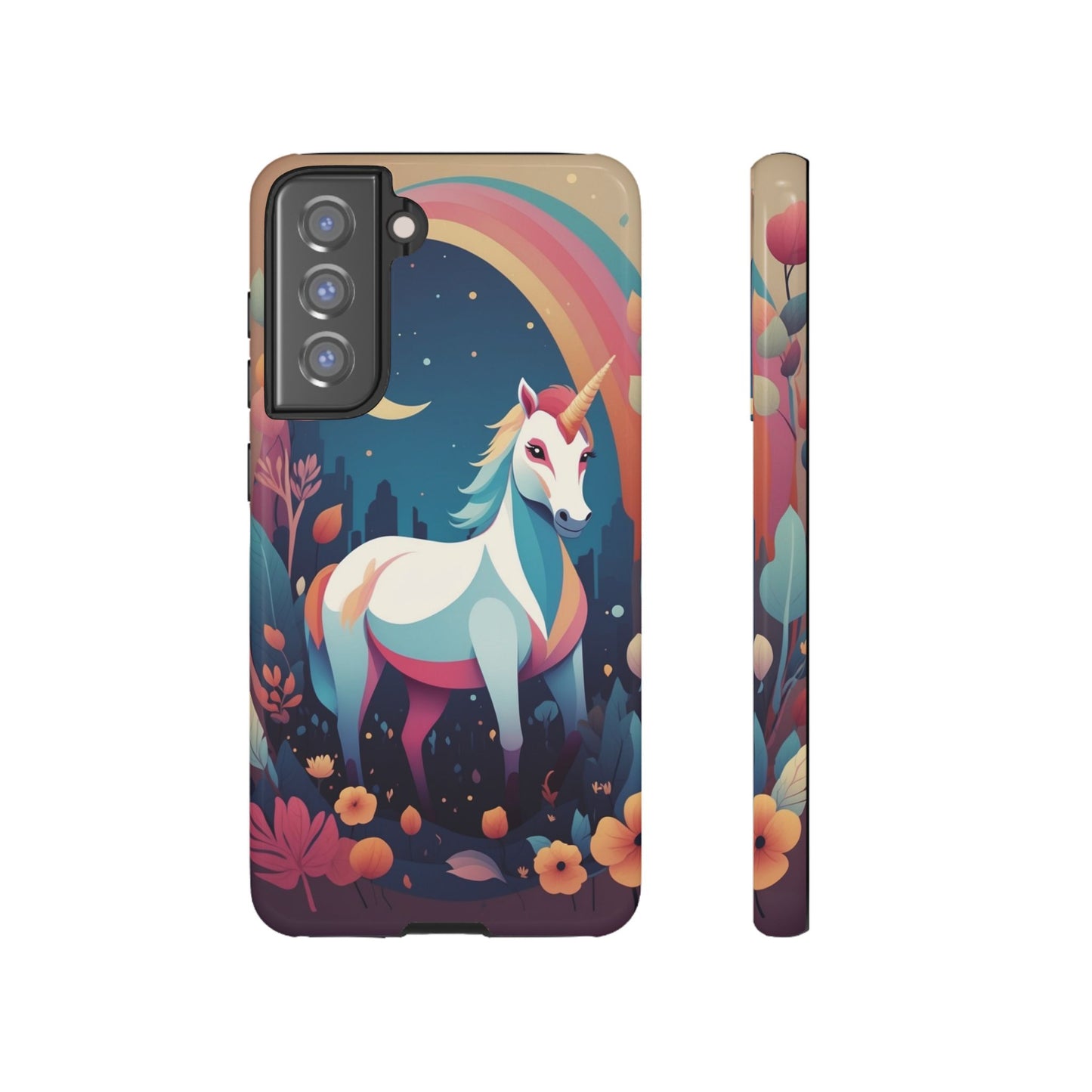 Samsung Galaxy S21 FE / Glossy Phone Case - Stylised Unicorn & Rainbow Design Phone Case