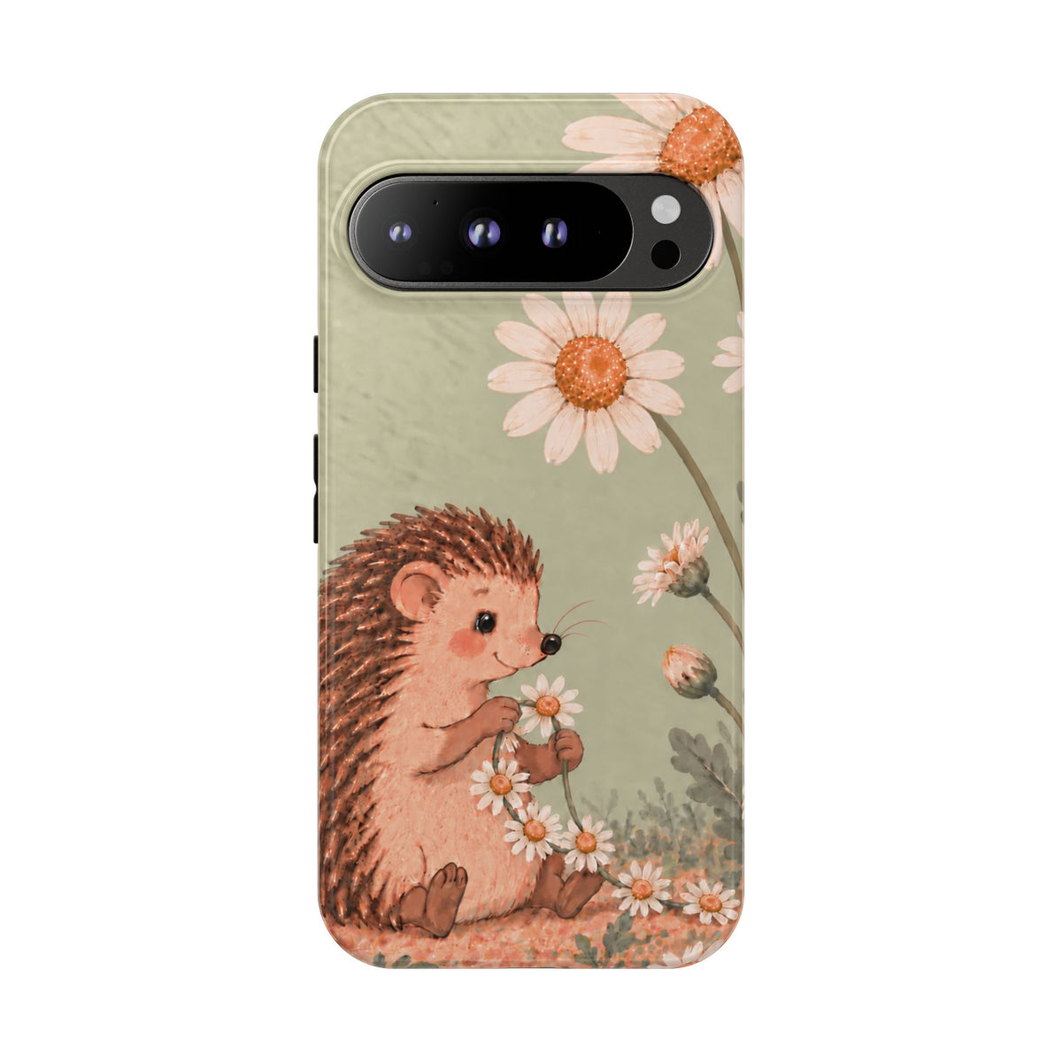 Whimsical Sage Green Hedgehog and Daisy Chain Phone Case - Green Phone Case - Google Pixel 9 Pro XL / Glossy