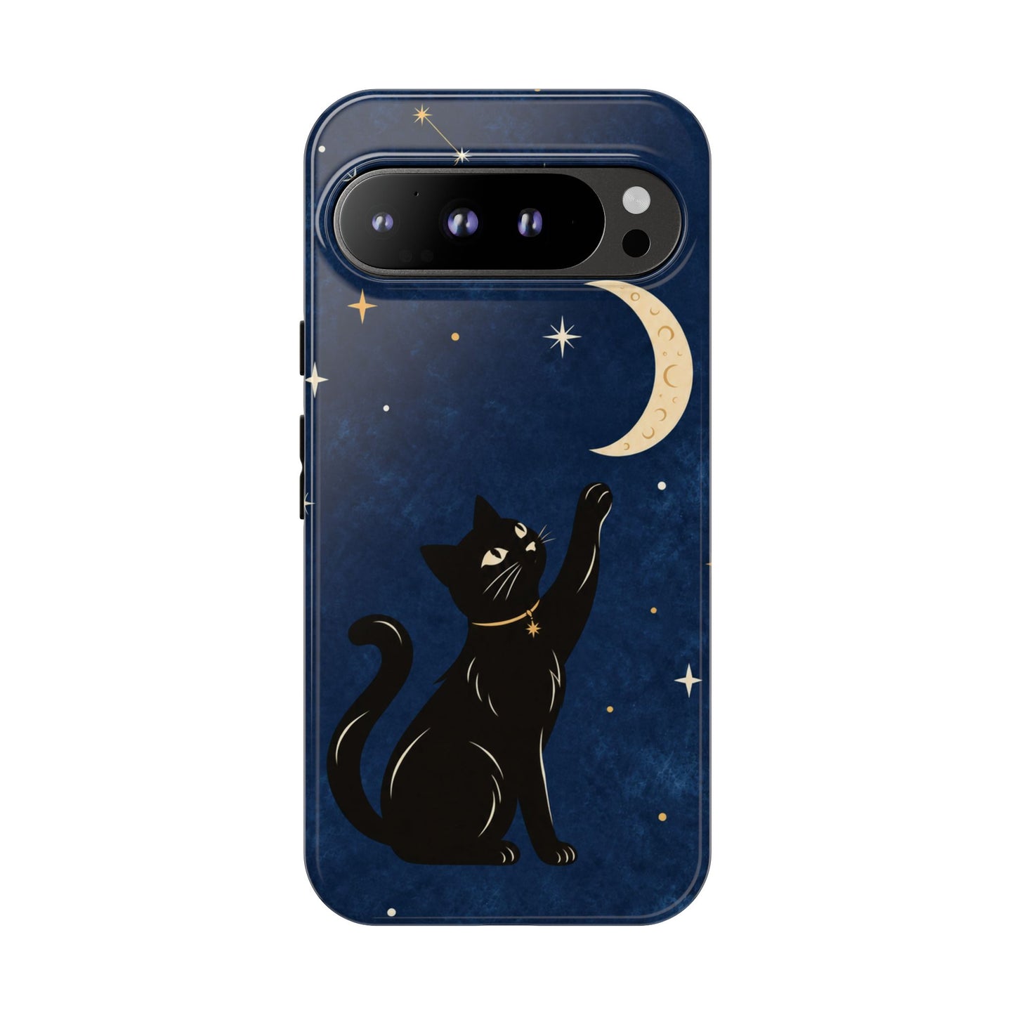 Whimsical Navy Blue Celestial Black Cat Phone Case