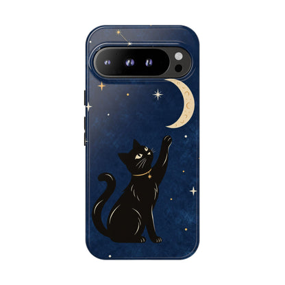 Whimsical Navy Blue Celestial Black Cat Phone Case