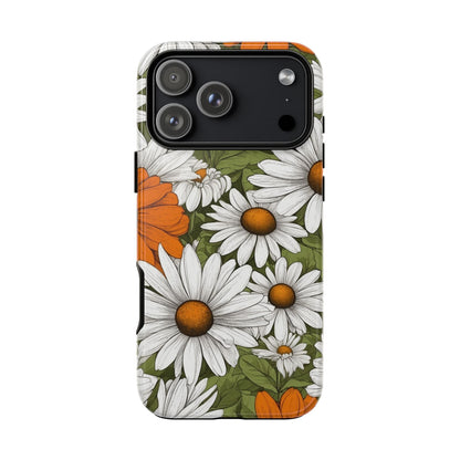 iPhone 17 Pro Max / Glossy Phone Case - Boho Chic Daisies Floral Pattern ’White Orange & Green’ Phone Case