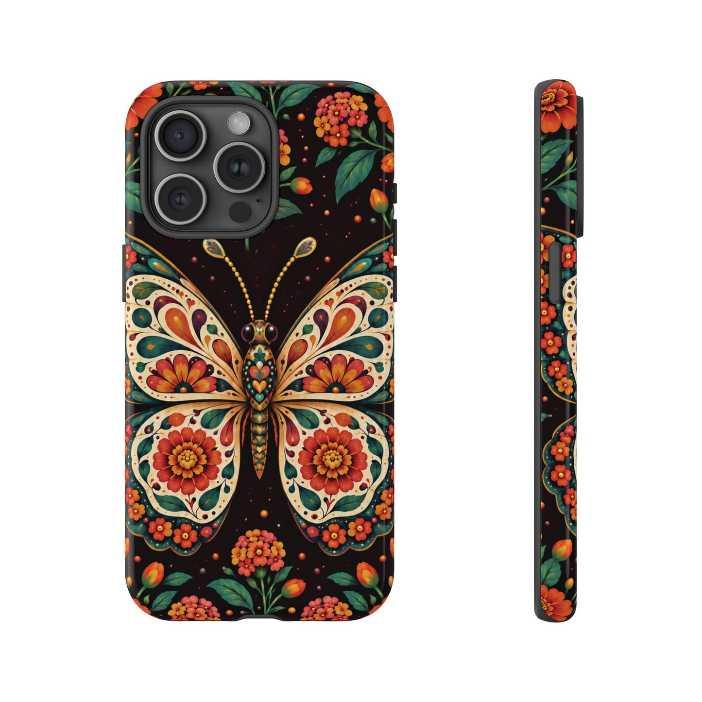 Vibrant Terracotta and Teal Calavera Butterfly Phone Case - Multicolor Phone Case - iPhone 15 Pro Max / Glossy
