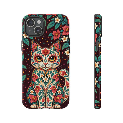 Vibrant Terracotta and Teal Calavera Cat Phone Case - Multicolor Phone Case - iPhone 15 Plus / Glossy