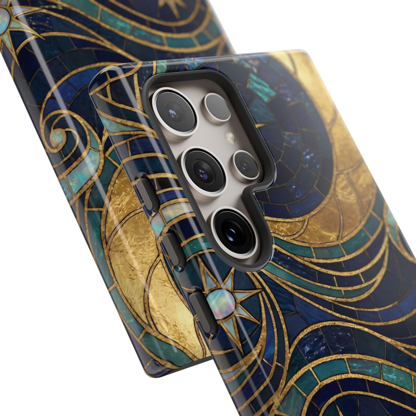 Elegant Navy & Gold Crescent Moon Mosaic Phone Case