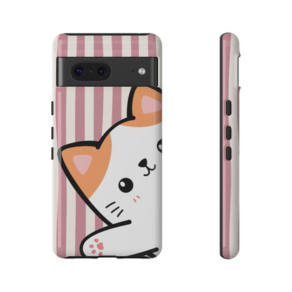 Playful Peakaboo Cat with Pink Stripe Pattern Phone Case - Pink Phone Case - Google Pixel 7 / Glossy