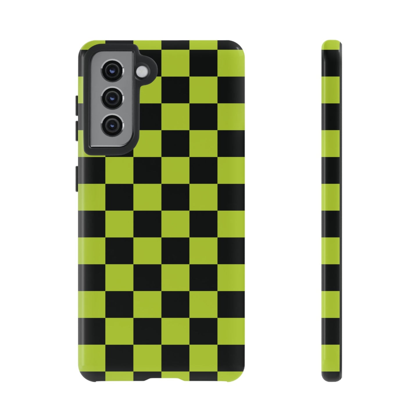 Samsung Galaxy S21 / Glossy Phone Case - Trendy Neon Lime Green & Black Checked Pattern Phone Case
