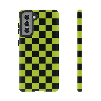 Samsung Galaxy S21 / Glossy Phone Case - Trendy Neon Lime Green & Black Checked Pattern Phone Case