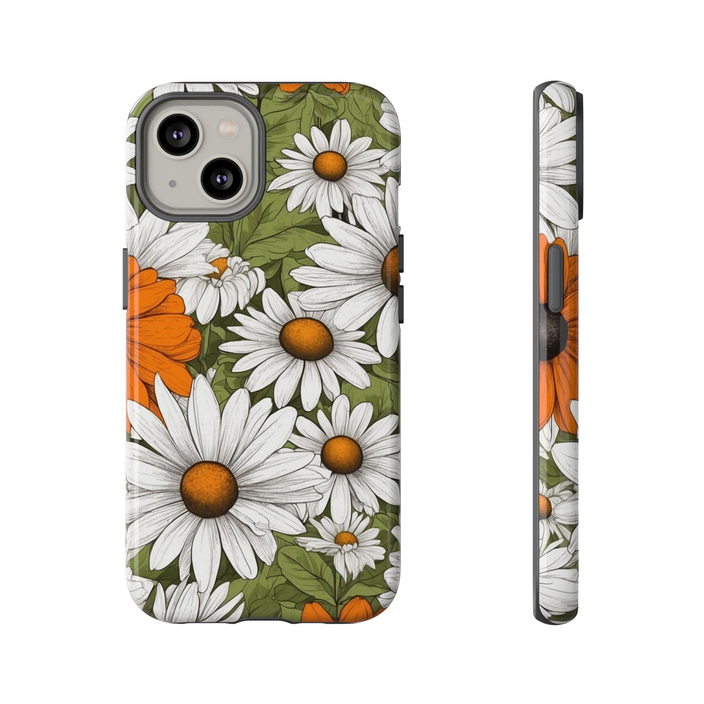 iPhone 14 / Glossy Phone Case - Boho Chic Daisies Floral Pattern ’White Orange & Green’ Phone Case