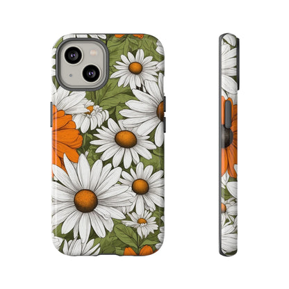 iPhone 14 / Glossy Phone Case - Boho Chic Daisies Floral Pattern ’White Orange & Green’ Phone Case