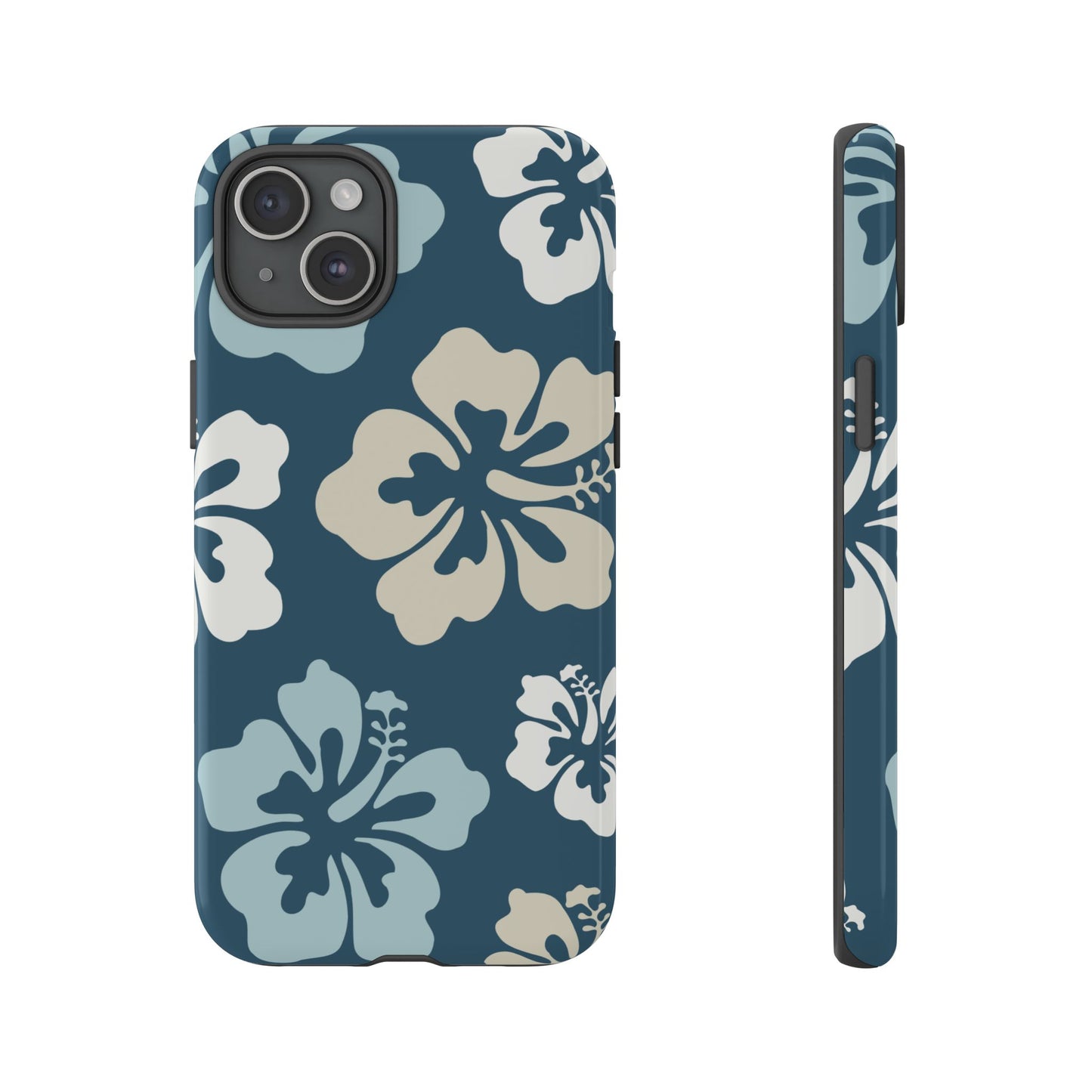 iPhone 15 Plus / Glossy Phone Case - ’Blue Hibiscus Retro Pattern #1’ Phone Case