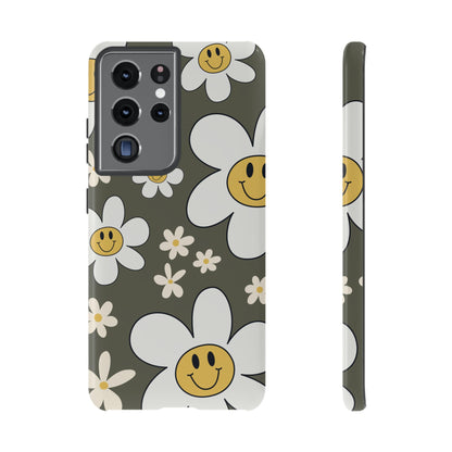 Fun Retro Daisy Pattern with Olive Green Background Phone Case - Green Phone Case - Samsung Galaxy S21 Ultra / Glossy