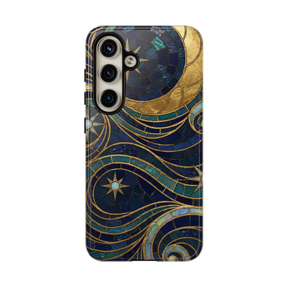 Elegant Navy & Gold Crescent Moon Mosaic Phone Case