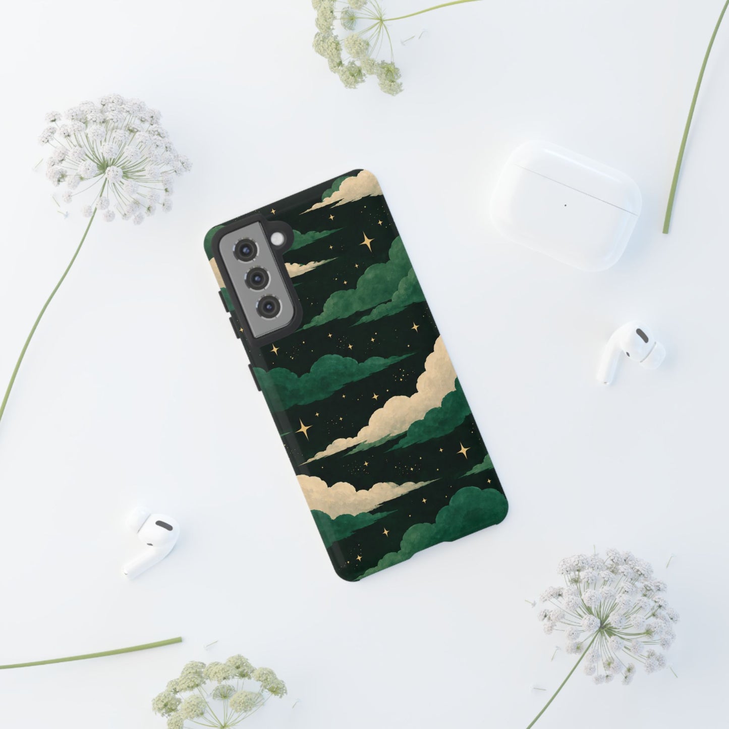 Illustrated Emerald Green Clouds & Stars Phone Case