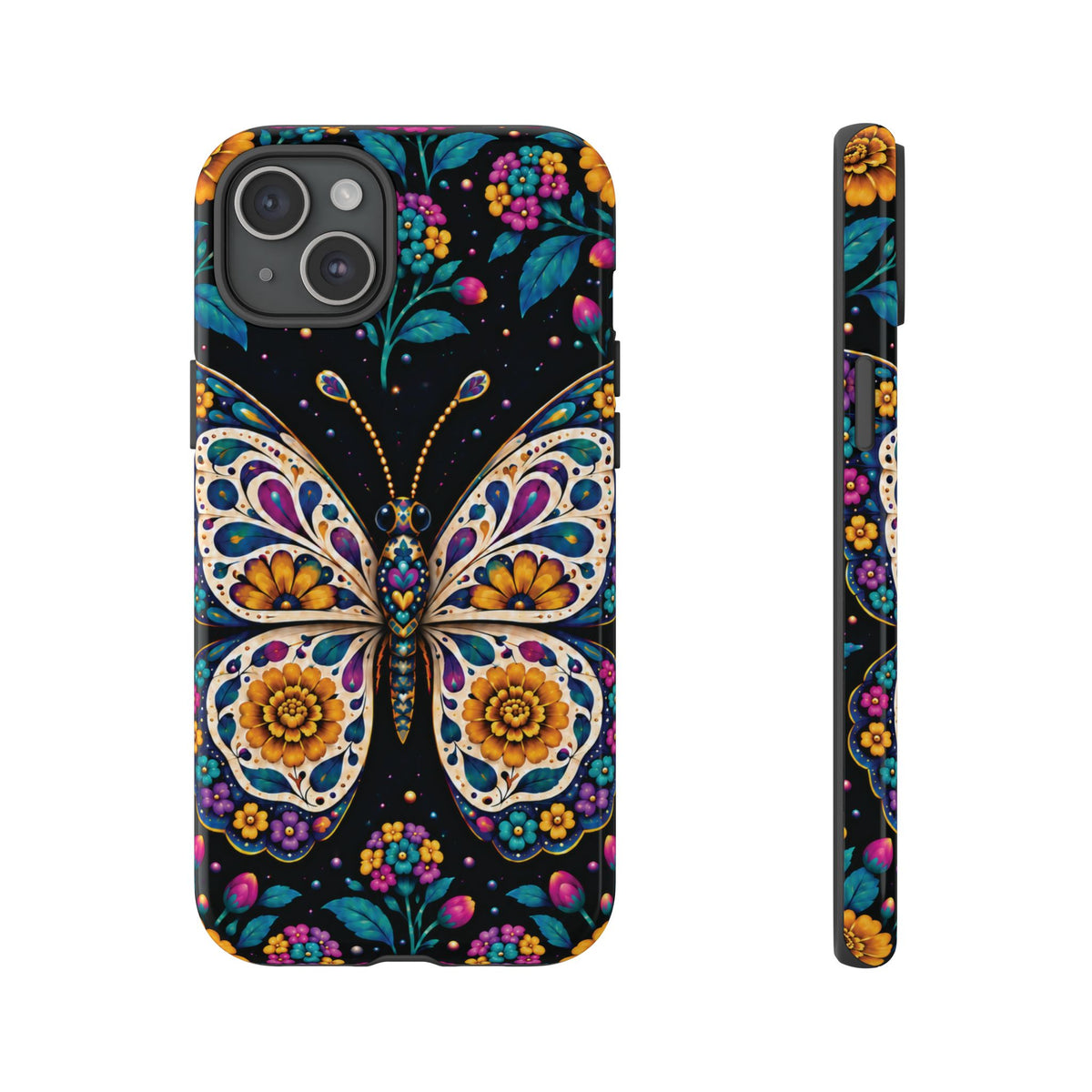 Vibrant Purple and Teal Calavera Butterfly Phone Case - Multicolor Phone Case - iPhone 15 Plus / Glossy
