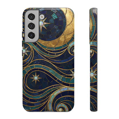 Elegant Navy & Gold Crescent Moon Mosaic Phone Case
