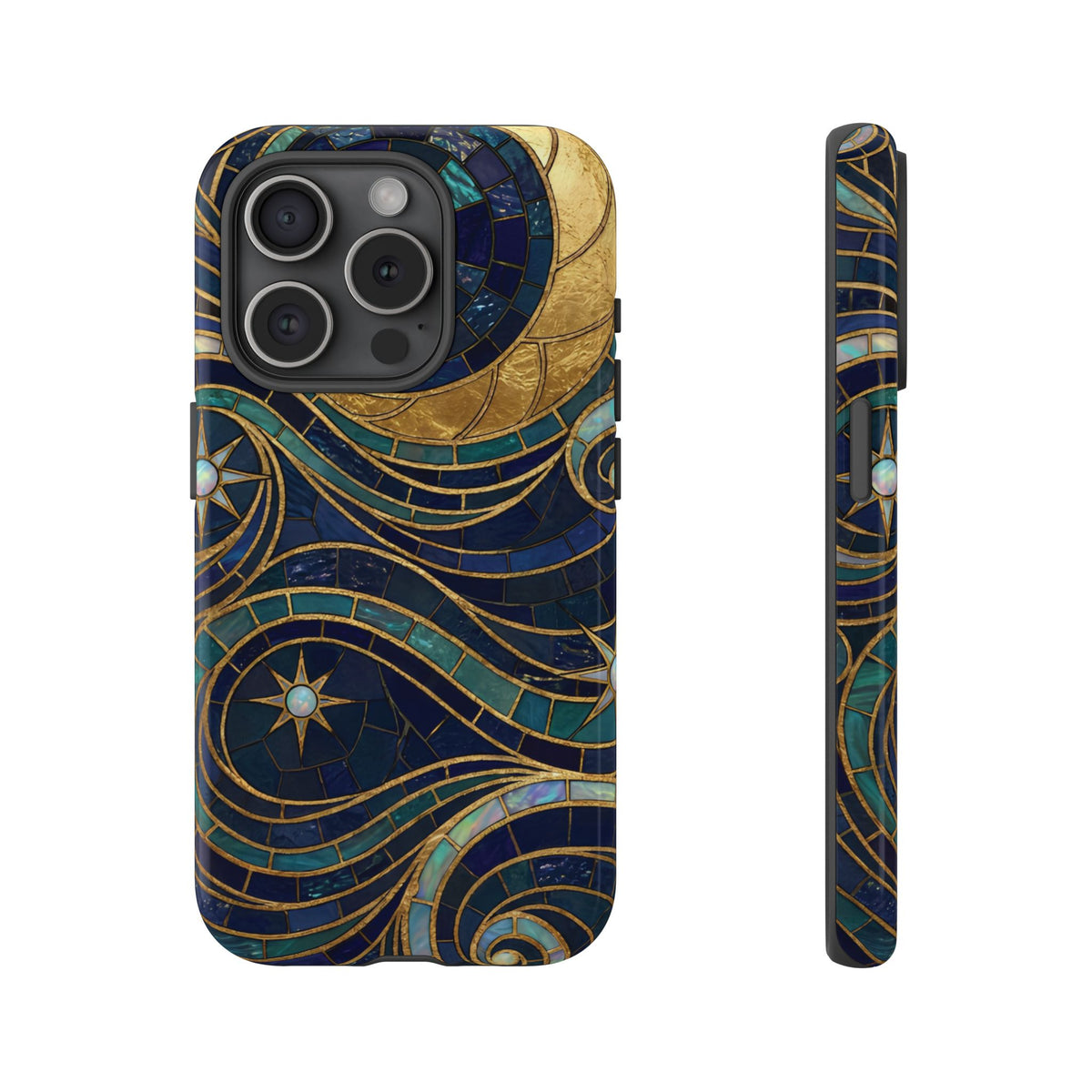 Elegant Navy & Gold Crescent Moon Mosaic Phone Case