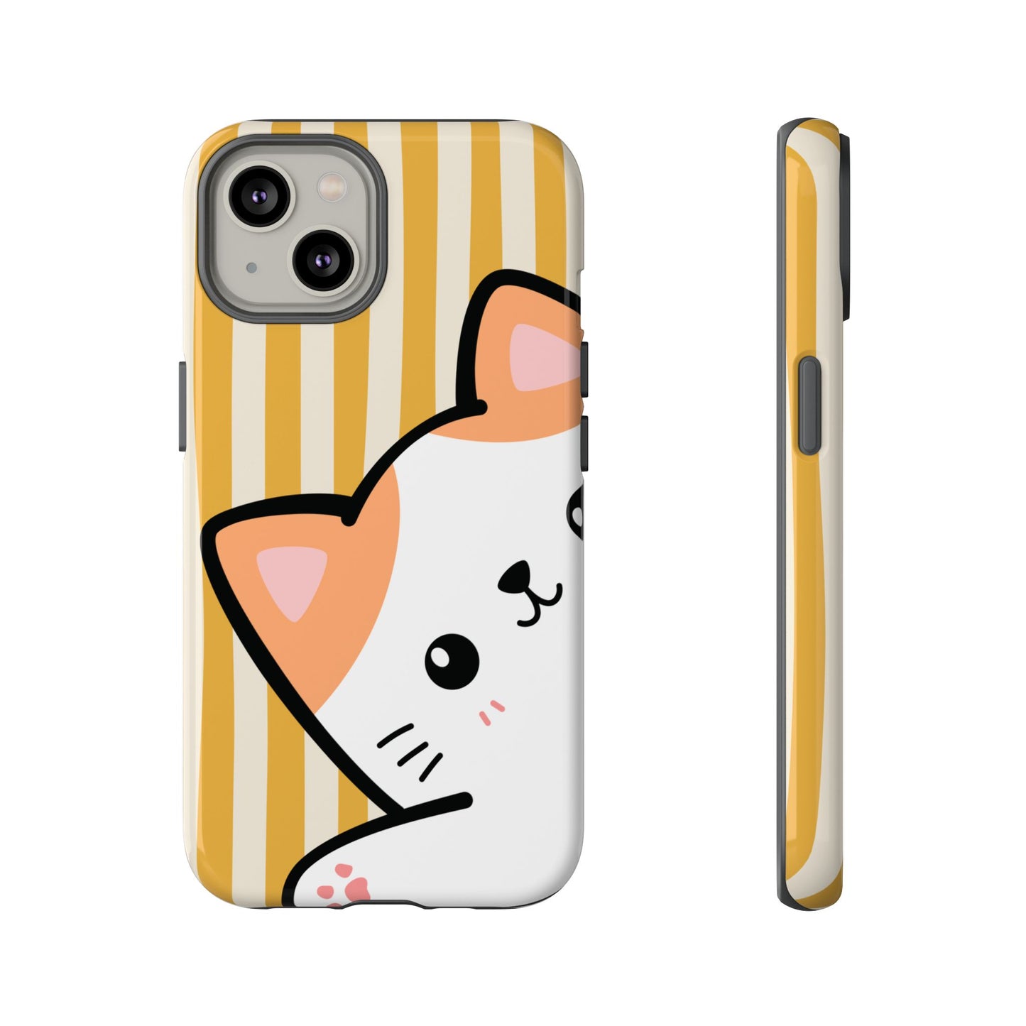 iPhone 14 / Glossy Phone Case - Peakaboo Cat with Yellow Stripe Pattern Phone Case