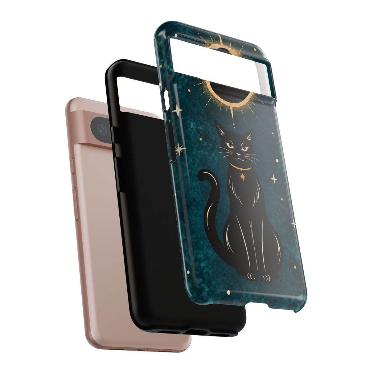 Whimsical Teal Celestial Black Cat Phone Case