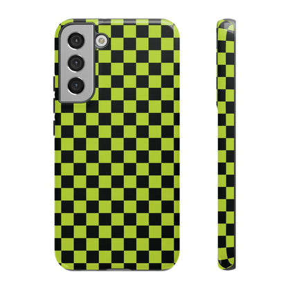 Trendy Neon Lime Green & Black Small Checked Pattern Phone Case - Green Phone Case - Samsung Galaxy S22 Plus / Glossy