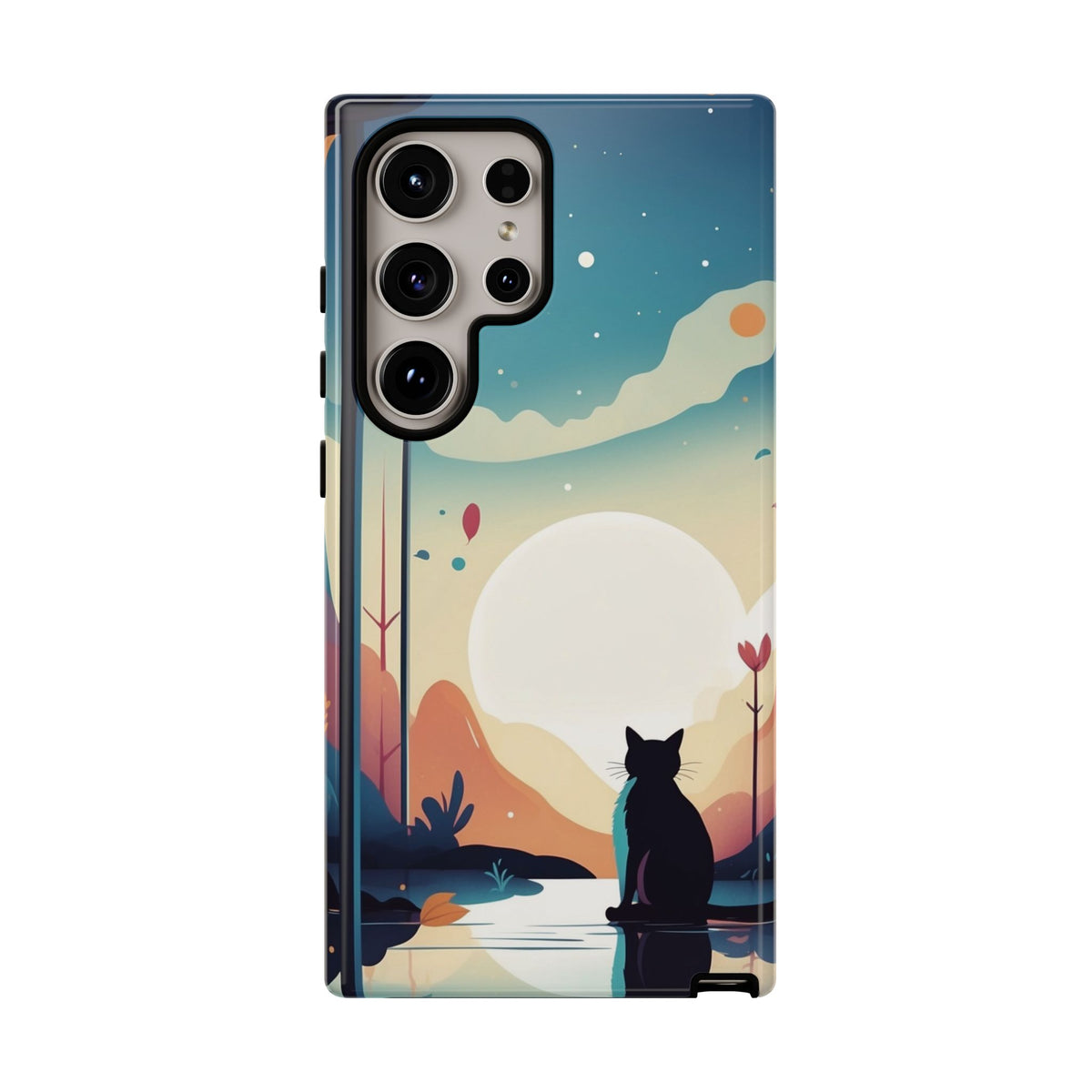 Stylised Cat & Moon Design Phone Case - Multicolor Phone Case - Samsung Galaxy S24 Ultra / Glossy