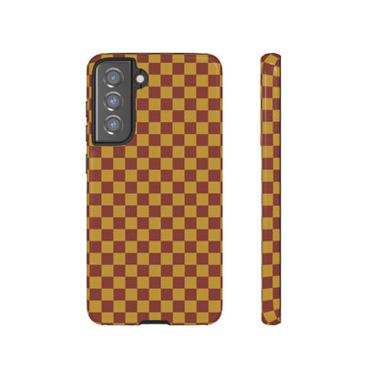 Samsung Galaxy S21 FE / Glossy Phone Case - Trendy Mustard & Burgandy Small Checked Pattern Phone Case