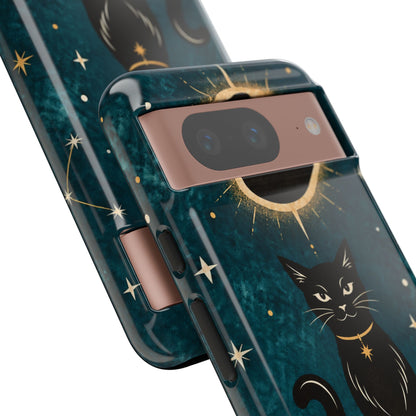 Whimsical Teal Celestial Black Cat Phone Case