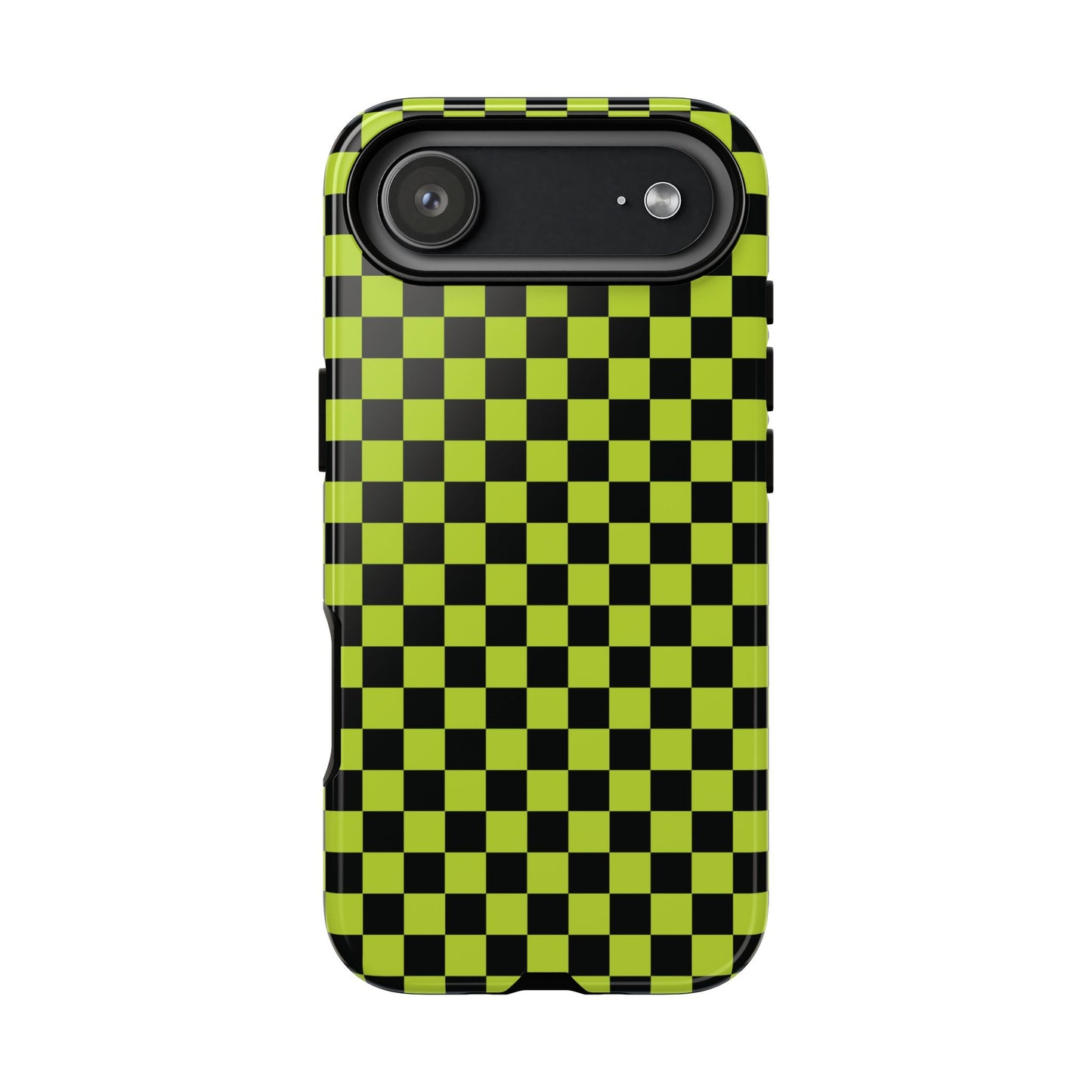 iPhone 17 Air / Glossy Phone Case - Trendy Neon Lime Green & Plum Small Checked Pattern Phone Case