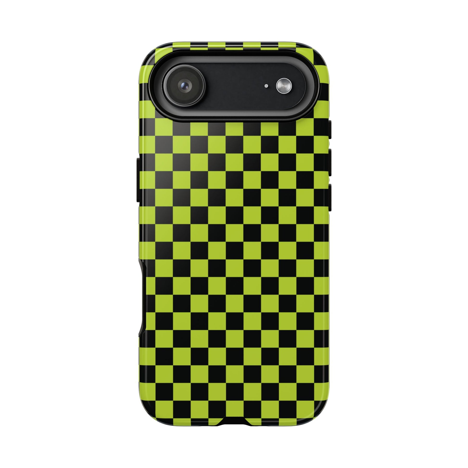 iPhone 17 Air / Glossy Phone Case - Trendy Neon Lime Green & Plum Small Checked Pattern Phone Case