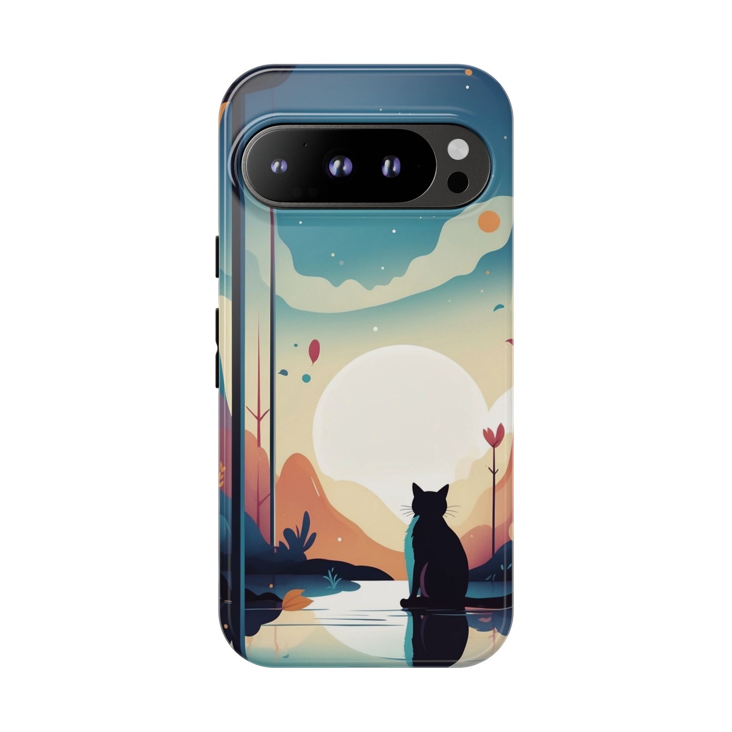 Google Pixel 9 Pro / Glossy Phone Case - Stylised Cat & Moon Design Phone Case