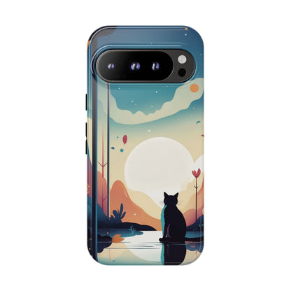 Google Pixel 9 Pro / Glossy Phone Case - Stylised Cat & Moon Design Phone Case