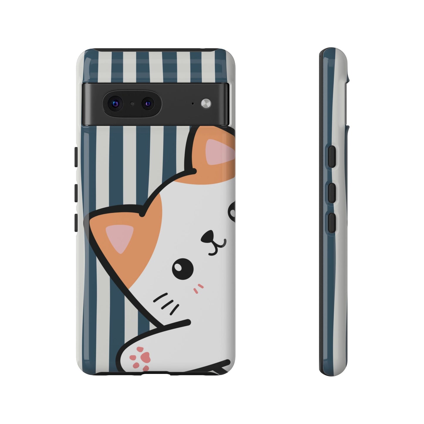 Playful Peakaboo Cat with Blue Stripe Pattern Phone Case - Blue Phone Case - Google Pixel 7 / Glossy