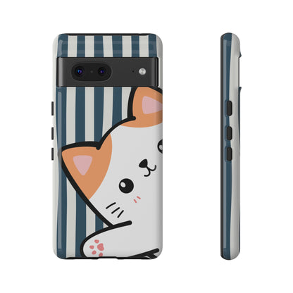 Playful Peakaboo Cat with Blue Stripe Pattern Phone Case - Blue Phone Case - Google Pixel 7 / Glossy