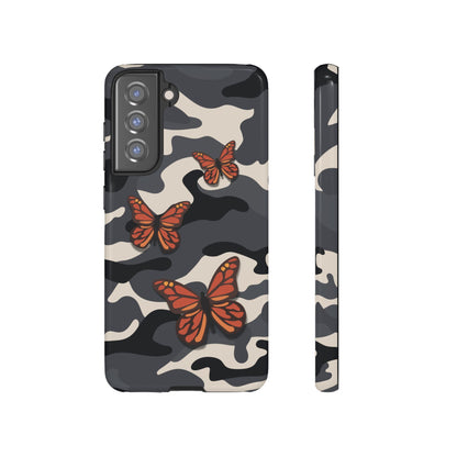 Samsung Galaxy S21 FE / Glossy Phone Case - Black & Orange Butterfly Camo Phone Case