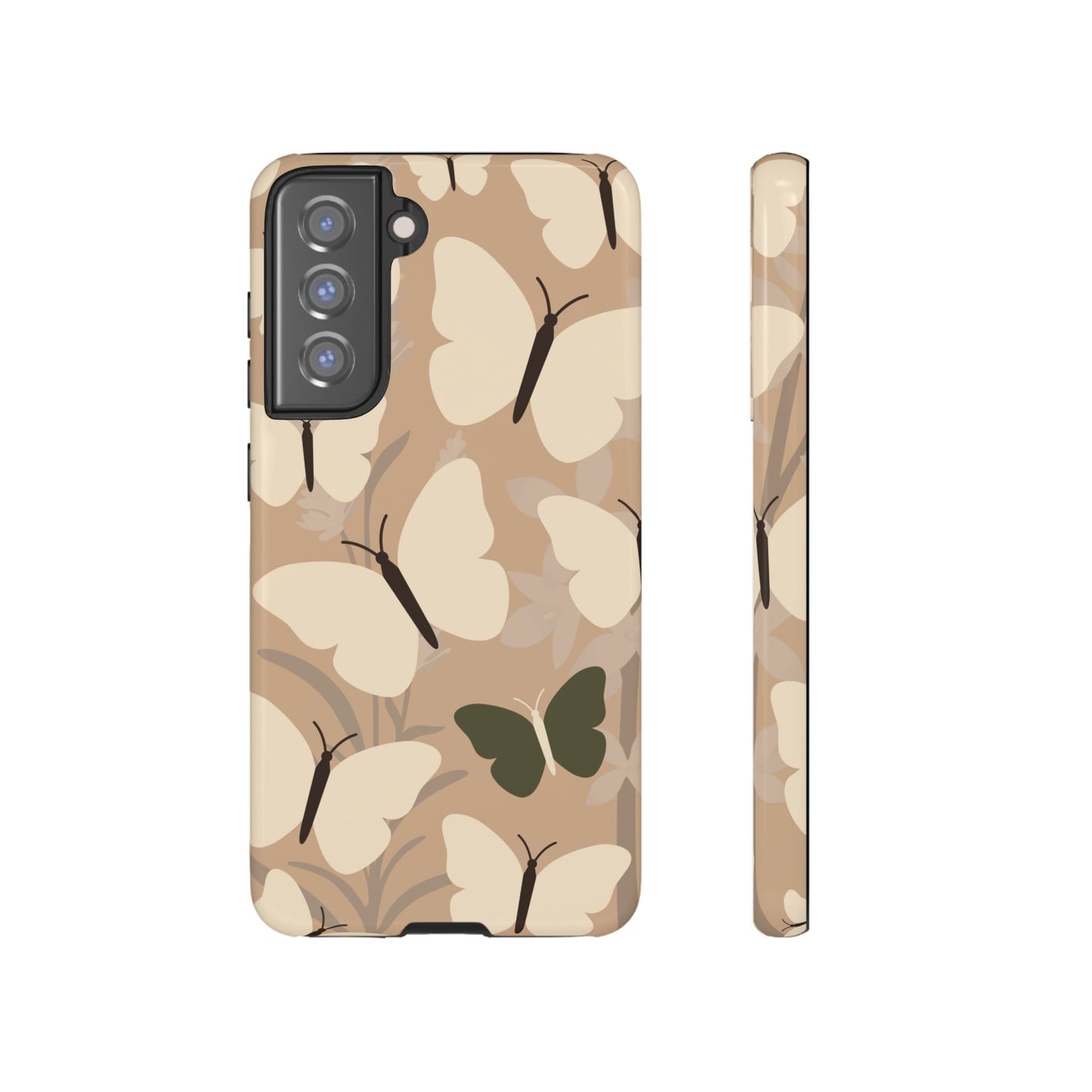 Samsung Galaxy S21 FE / Glossy Phone Case - Minimalist Beige Butterfly Pattern Phone Case