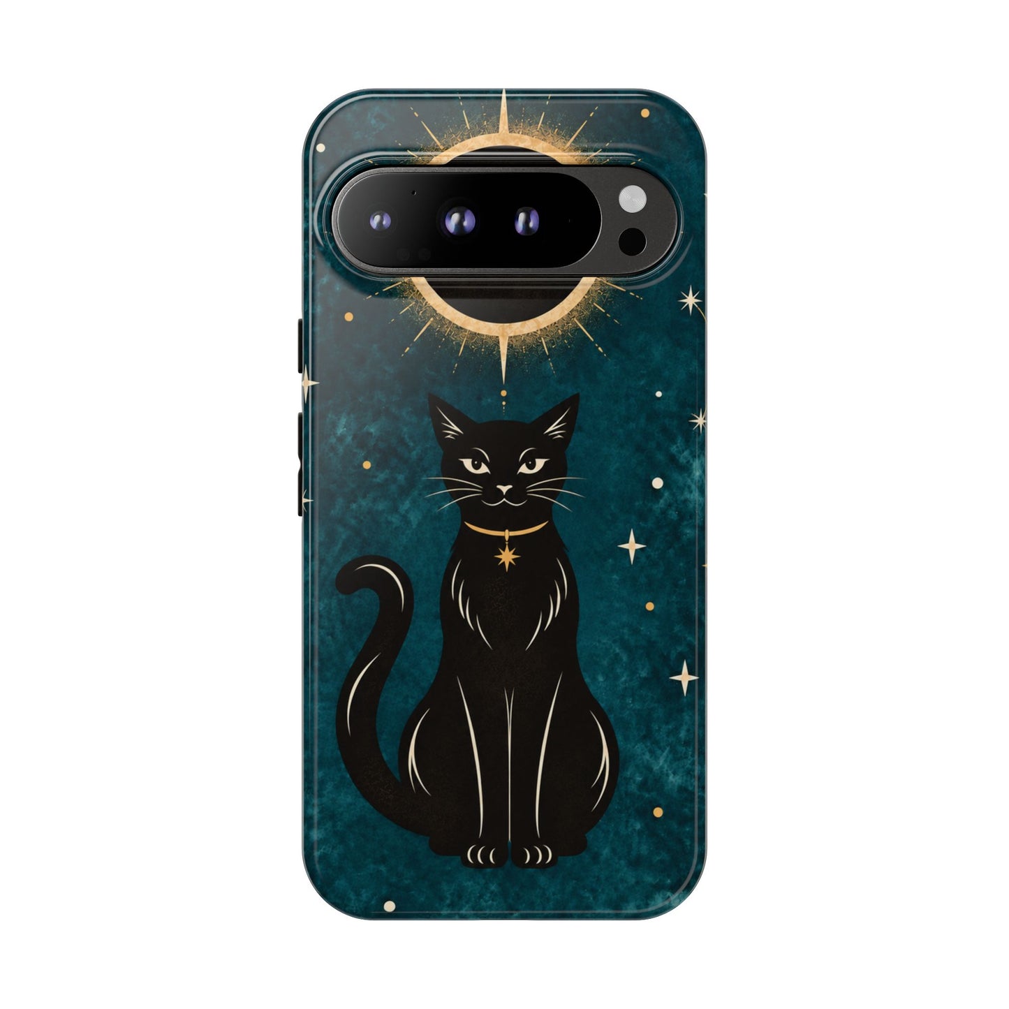 Whimsical Teal Celestial Black Cat Phone Case
