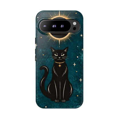 Whimsical Teal Celestial Black Cat Phone Case