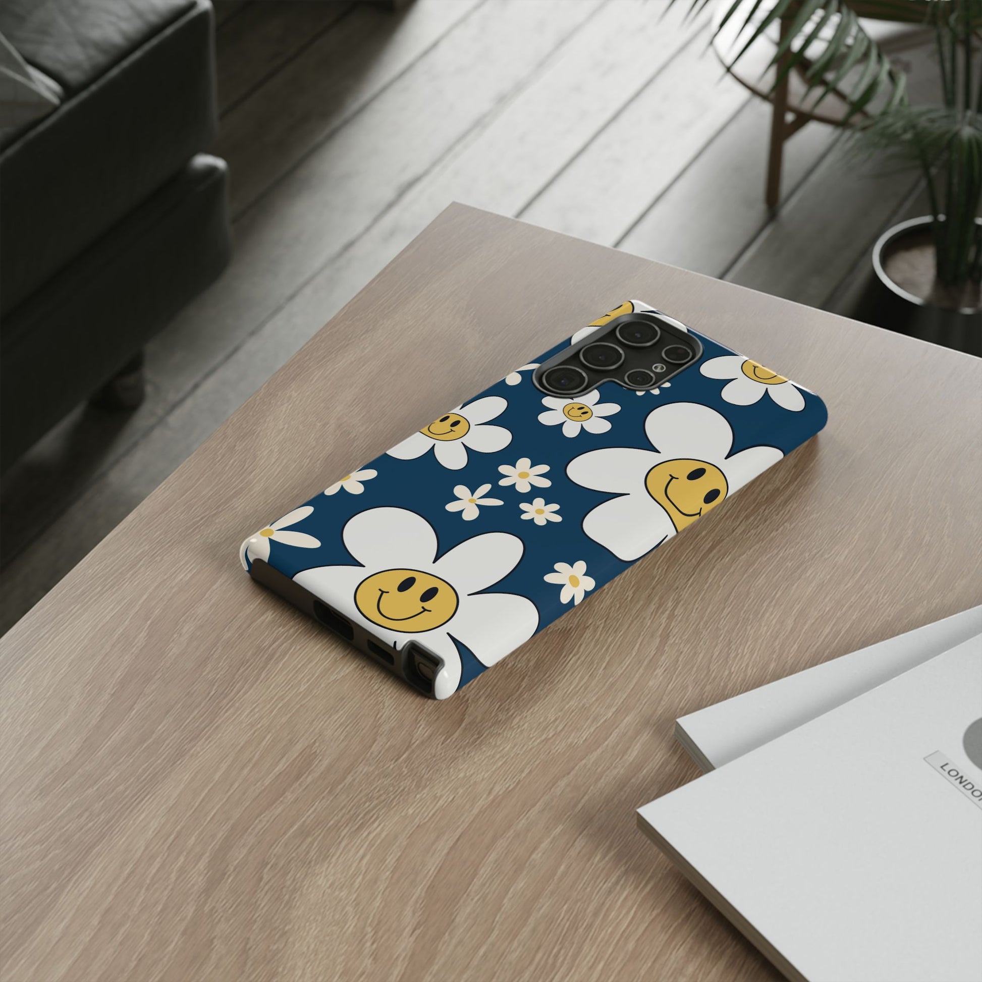 Fun Retro Daisy Pattern with Blue Background Phone Case - Blue Phone Case
